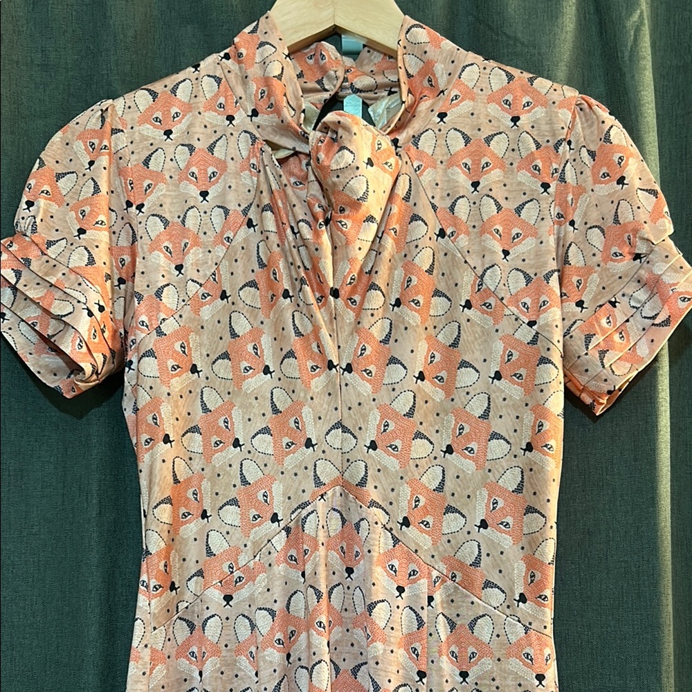 Lindy Bop Fox Patterned Dress with Tie Neck